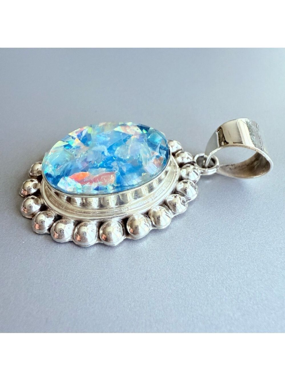 Mexico Opal Mosaic Triplet Sterling Silver Ball Beaded Large Pendant Nec… - Picture 3 of 6